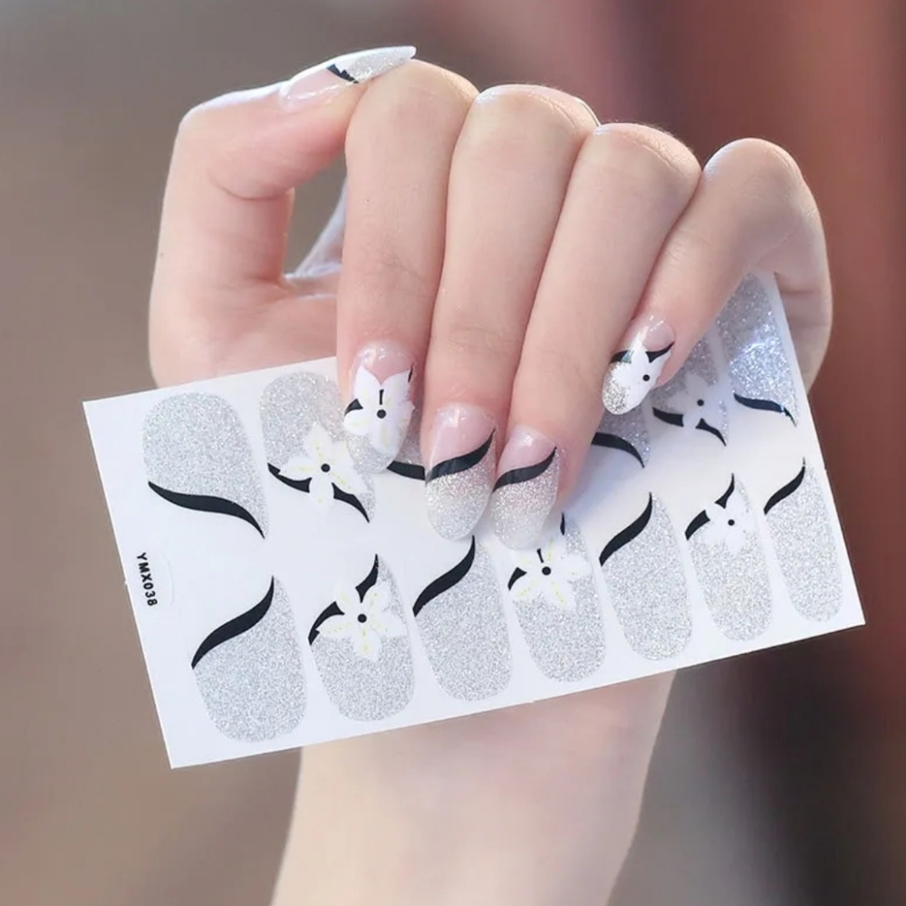 ⭐4/$15 Silver Glitter with White Flower Nail Wraps